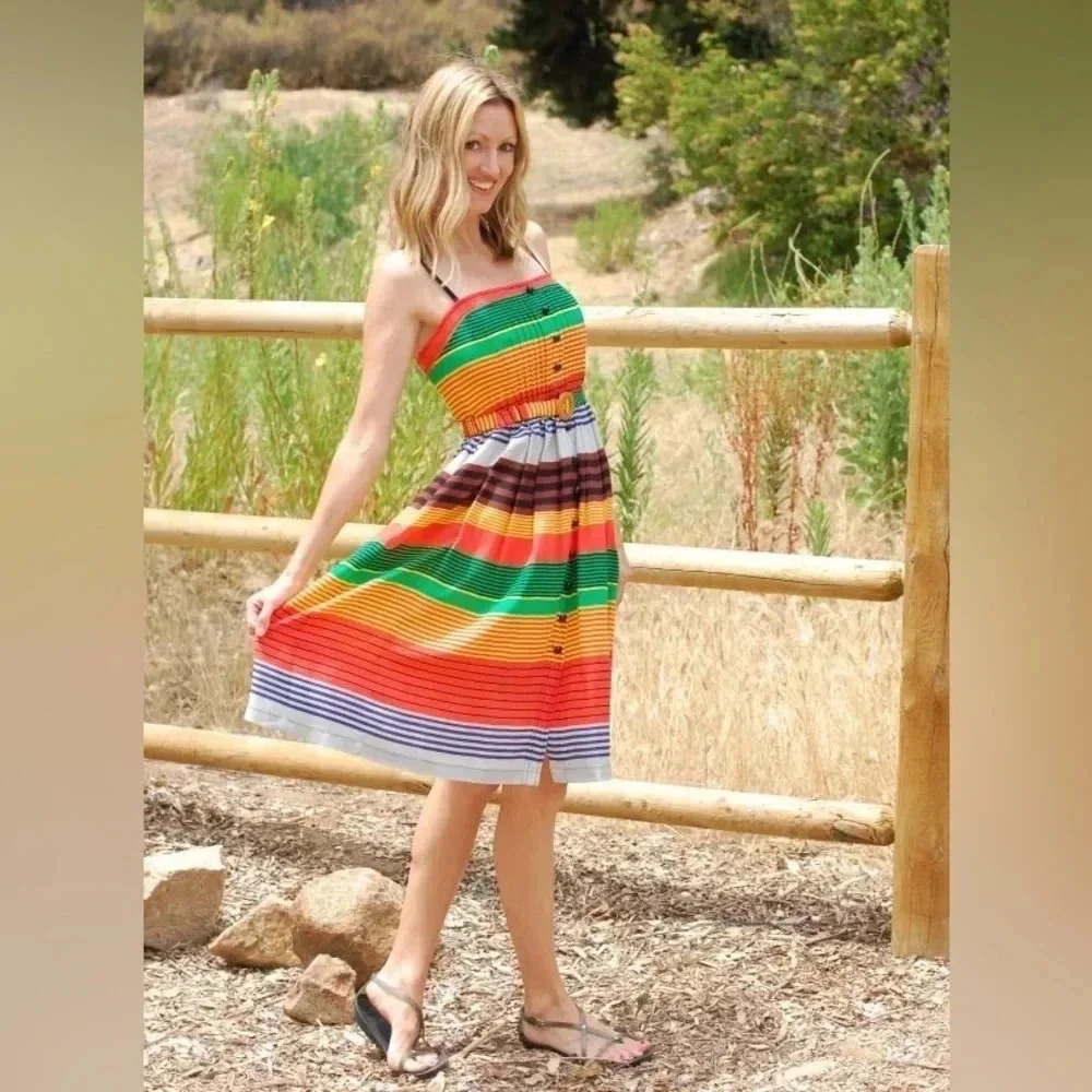 ANTHRO TRACY REESE |Vibrant Multicolored Rainbow Striped Silk Pleated Dress Sz 6